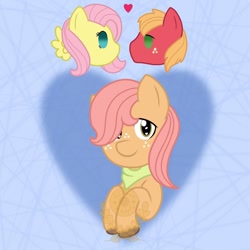 Size: 1080x1080 | Tagged: safe, artist:alkane.adopts, big macintosh, fluttershy, oc, oc:jonagold, earth pony, pegasus, pony, g4, abstract background, bandana, female, floating heart, freckles, heart, looking at you, male, obtrusive watermark, offspring, parent:big macintosh, parent:fluttershy, parents:fluttermac, ship:fluttermac, shipping, straight, watermark