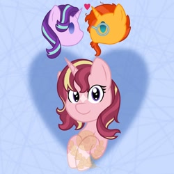 Size: 1080x1080 | Tagged: safe, artist:alkane.adopts, starlight glimmer, sunburst, oc, oc:stellar spell, pony, unicorn, g4, abstract background, coat markings, facial markings, female, floating heart, heart, looking at you, male, obtrusive watermark, offspring, parent:starlight glimmer, parent:sunburst, parents:starburst, ship:starburst, shipping, socks (coat markings), star (coat marking), straight, watermark