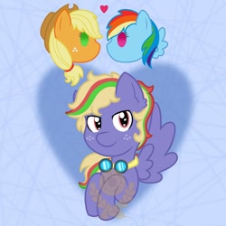 Size: 1080x1080 | Tagged: safe, artist:alkane.adopts, applejack, rainbow dash, oc, oc:zap rockit, earth pony, pegasus, pony, g4, abstract background, applejack's hat, cowboy hat, female, floating heart, freckles, goggles, hat, heart, lesbian, looking at you, magical lesbian spawn, obtrusive watermark, offspring, parent:applejack, parent:rainbow dash, parents:appledash, ship:appledash, shipping, spread wings, watermark, wings
