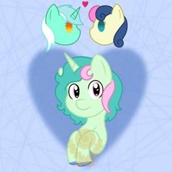 Size: 1080x1080 | Tagged: safe, artist:alkane.adopts, bon bon, lyra heartstrings, sweetie drops, oc, oc:berry bard, earth pony, pony, unicorn, g4, abstract background, female, floating heart, heart, lesbian, looking at you, magical lesbian spawn, obtrusive watermark, offspring, parent:bon bon, parent:lyra heartstrings, parents:lyrabon, ship:lyrabon, shipping, watermark