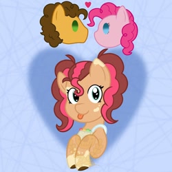 Size: 1080x1080 | Tagged: safe, artist:alkane.adopts, cheese sandwich, pinkie pie, oc, oc:funfetti icing, earth pony, pony, g4, abstract background, apron, clothes, coat markings, female, floating heart, heart, looking at you, male, obtrusive watermark, offspring, parent:cheese sandwich, parent:pinkie pie, parents:cheesepie, pigtails, ship:cheesepie, shipping, straight, tongue out, watermark