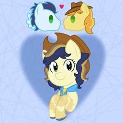 Size: 1080x1080 | Tagged: safe, artist:alkane.adopts, braeburn, soarin', oc, oc:honey crisp, earth pony, pegasus, pony, g4, abstract background, cowboy hat, floating heart, gay, hat, heart, looking at you, magical gay spawn, male, neckerchief, obtrusive watermark, offspring, parent:braeburn, parent:soarin', parents:soarburn, ship:soarburn, shipping, watermark