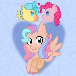 Size: 1080x1080 | Tagged: safe, artist:alkane.adopts, pinkie pie, princess skystar, oc, oc:sweet tide, classical hippogriff, earth pony, hippogriff, hybrid, pony, g4, abstract background, female, floating heart, freckles, heart, interspecies offspring, lesbian, looking at you, magical lesbian spawn, obtrusive watermark, offspring, parent:pinkie pie, parent:princess skystar, parents:skypie, ship:skypie, shipping, spread wings, watermark, wings