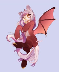 Size: 1689x2048 | Tagged: safe, artist:fedos, oc, oc only, demon, demon pony, pony, flying, horns, muzzle, open mouth, slit pupils, smiling, solo, spread wings, webbed wings, wings