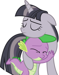 Size: 3168x4000 | Tagged: safe, anonymous artist, artist:dasprid, edit, spike, twilight sparkle, alicorn, dragon, pony, castle sweet castle, g4, depressed, discorded, discorded twilight, duo, eyes closed, female, floppy ears, frown, high res, hug, male, mare, sad, simple background, sorrow, transparent background, twilight sparkle (alicorn), twilight tragedy, vector