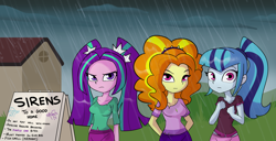 Size: 5618x2880 | Tagged: safe, artist:tjpones, adagio dazzle, aria blaze, sonata dusk, siren, equestria girls, g4, bronybait, clothes, female, frown, hand on hip, homeless, looking at you, rain, sign, the dazzlings, torn clothes, trio, wet