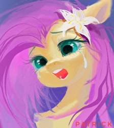 Size: 1620x1809 | Tagged: safe, artist:paipaishuaige, fluttershy, pegasus, pony, g4, bust, crying, floppy ears, flower, flower in hair, lily (flower), open mouth, portrait, sad, solo, three quarter view
