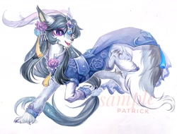 Size: 2208x1678 | Tagged: safe, artist:paipaishuaige, oc, oc only, earth pony, hybrid, pony, wolf, clothes, flower, flower in hair, jewelry, pendant, smiling, solo, traditional art, unshorn fetlocks