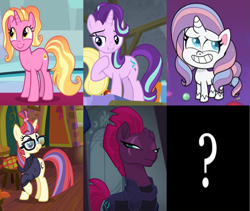 Size: 1905x1606 | Tagged: safe, edit, edited screencap, screencap, luster dawn, moondancer, potion nova, starlight glimmer, tempest shadow, pony, unicorn, g4, g4.5, horse play, my little pony: pony life, my little pony: the movie, pony surfin' safari, the last problem, the point of no return, broken horn, clothes, cropped, female, glasses, horn, mare, question mark, scar, sparkle six, sweater