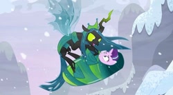 Size: 827x455 | Tagged: safe, screencap, queen chrysalis, starlight glimmer, changeling, changeling queen, pony, g4, season 9, the ending of the end, cocoon, duo, duo female, fangs, female, flying, frown, insect wings, looking at each other, looking at someone, mare, open mouth, open smile, smiling, spread wings, teeth, ultimate chrysalis, wings