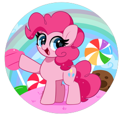 Size: 4984x4712 | Tagged: safe, artist:kittyrosie, pinkie pie, earth pony, pony, g4, candy, cookie, cute, diapinkes, food, kittyrosie is trying to murder us, lollipop, looking at you, open mouth, rainbow, raised hoof, redraw, simple background, solo, starry eyes, transparent background, waving, wingding eyes