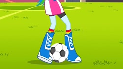 Size: 1280x720 | Tagged: safe, screencap, rainbow dash, human, equestria girls, equestria girls (movie), boots, clothes, compression shorts, female, football, legs, lower body, pictures of legs, shoes, skirt, solo, sports