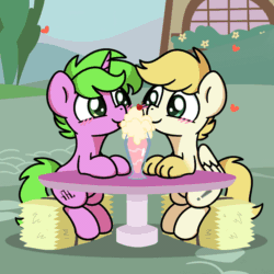 Size: 1000x1000 | Tagged: safe, artist:sugar morning, oc, oc only, oc:exist, griffequus, pony, unicorn, adorable face, animated, commission, cute, duo, food, gif, heart, horn, ice cream, love, milkshake, mlem, paws, sharing a drink, silly, tongue out, wings, ych result