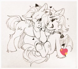 Size: 1024x904 | Tagged: safe, artist:paipaishuaige, oc, oc only, bat pony, pony, unicorn, chest fluff, choker, cuddling, curved horn, heart, horn, lidded eyes, smiling, traditional art