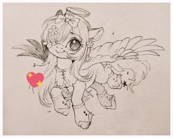 Size: 1024x820 | Tagged: safe, artist:paipaishuaige, oc, oc only, pegasus, pony, bow, cuffs, flower, flower in hair, flying, hair bow, hair over one eye, halo, heart, looking at you, smiling, solo, spread wings, traditional art, wings