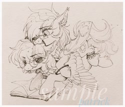 Size: 1024x882 | Tagged: safe, artist:paipaishuaige, oc, oc only, oc:sunset cloudy, bat pony, pegasus, pony, book, commission, garter, glasses, happy, open mouth, smiling, sparkles, spread wings, traditional art, watermark, wings