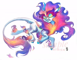 Size: 2049x1597 | Tagged: safe, artist:paipaishuaige, oc, oc only, kirin, nirik, angry, cloven hooves, fangs, glowing, glowing eyes, leonine tail, multicolored mane, multicolored tail, simple background, snarling, solo, tail, traditional art, white background