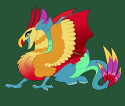 Size: 2600x2200 | Tagged: safe, artist:loryska, oc, oc only, hybrid, green background, high res, hybrid oc, interspecies offspring, offspring, open mouth, parent:ahuizotl, parent:smolder, simple background, solo, spread wings, wings