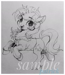 Size: 1778x2048 | Tagged: safe, artist:paipaishuaige, pony, unicorn, chest fluff, clothes, commission, grin, headset, hoodie, looking at you, smiling, solo, traditional art, watermark