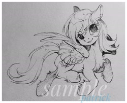 Size: 2048x1660 | Tagged: safe, artist:paipaishuaige, oc, oc only, pegasus, pony, chest fluff, commission, flying, looking at you, smiling, spread wings, traditional art, watermark, wings
