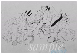 Size: 2109x1482 | Tagged: safe, artist:paipaishuaige, oc, oc only, pony, boop, commission, eyes closed, flying, happy, noseboop, smiling, spread wings, traditional art, watermark, wings