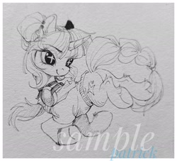 Size: 2048x1858 | Tagged: safe, artist:paipaishuaige, oc, oc only, pony, unicorn, choker, clothes, commission, headphones, hoodie, looking back, smiling, solo, traditional art, watermark