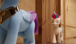 Size: 1400x804 | Tagged: safe, screencap, zipp storm, zoom zephyrwing, pegasus, pony, g5, my little pony: a new generation, spoiler:my little pony: a new generation, cropped, eyes on the prize, female, guardsmare, looking at butt, mare, out of context, pegasus royal guard, royal guard, smiling