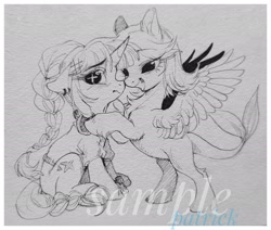 Size: 2048x1734 | Tagged: safe, artist:paipaishuaige, oc, oc only, pegasus, pony, unicorn, blushing, chest fluff, clothes, commission, floppy ears, hoodie, lidded eyes, nervous, spread wings, traditional art, watermark, wavy mouth, wings