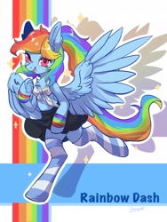 Size: 1668x2224 | Tagged: safe, artist:qamar, rainbow dash, pegasus, anthro, unguligrade anthro, g4, adorasexy, arm hooves, chest fluff, clothes, cute, front knot midriff, looking at you, midriff, sexy, skirt, smiling, socks, spread wings, stockings, striped socks, stupid sexy rainbow dash, thigh highs, wings, zettai ryouiki