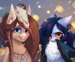 Size: 3150x2600 | Tagged: safe, artist:miurimau, oc, oc only, oc:ondrea, oc:tundra, pegasus, pony, chest fluff, duo, ear piercing, earring, face paint, female, high res, jewelry, looking at you, mare, necklace, piercing, skull, smiling, smiling at you, snow, snowfall