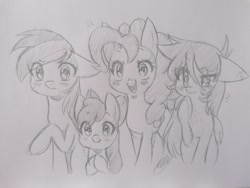 Size: 2048x1536 | Tagged: safe, artist:artellys, apple bloom, pinkie pie, rainbow dash, oc, oc:lilac bubbles, earth pony, pegasus, pony, g4, female, filly, foal, mare, traditional art