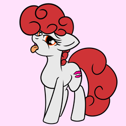 Size: 2000x2000 | Tagged: safe, artist:dafiltafish, oc, oc only, oc:clair, earth pony, pony, earth pony oc, female, full body, high res, mare, open mouth, orange eyes, pink background, red mane, red tail, simple background, solo, standing, tail, tongue out