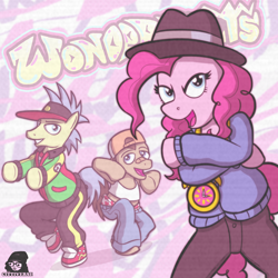 Size: 2400x2400 | Tagged: safe, artist:thecittiverse, doctor whooves, goldengrape, pinkie pie, sir colton vines iii, time turner, earth pony, pony, g4, testing testing 1-2-3, abstract background, backwards ballcap, bandaid on nose, baseball cap, bipedal, boxers, cap, clock, clothes, crossed hooves, dancing, female, hat, heart, heart print underwear, high res, male, mare, rapper pie, scene interpretation, stallion, sweater, the rappin' hist'ry of the wonderbolts, underwear, visor cap