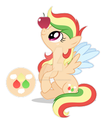 Size: 1280x1498 | Tagged: safe, artist:auroranovasentry, oc, oc:zap cloud, pegasus, pony, apple, colored wings, deviantart watermark, female, food, magical lesbian spawn, mare, obtrusive watermark, offspring, parent:applejack, parent:rainbow dash, parents:appledash, simple background, solo, transparent background, two toned wings, watermark, wings