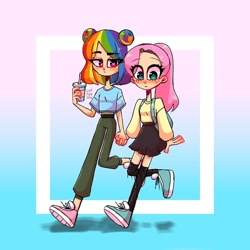 Size: 900x900 | Tagged: dead source, safe, artist:coffeesha_, fluttershy, rainbow dash, human, g4, backpack, clothes, drink, female, holding hands, humanized, lesbian, ponytail, ship:flutterdash, shipping, skirt, socks, thigh highs, zettai ryouiki