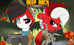 Size: 1280x781 | Tagged: safe, artist:joaothejohn, oc, oc only, oc:tiorafa, earth pony, pegasus, pony, angry, cute, deep rock galactic, floppy ears, gun, gunner, looking back, mushroom, pickaxe, scout, text, weapon