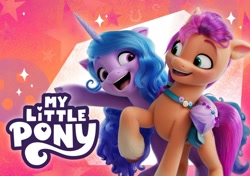 Size: 1024x721 | Tagged: safe, izzy moonbow, sunny starscout, earth pony, pony, unicorn, g5, my little pony: a new generation, official, 3d, badge, bag, bracelet, friends, jewelry, logo, raised hoof, smiling, vkontakte
