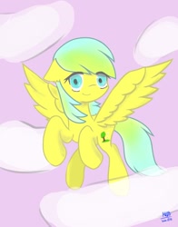 Size: 752x960 | Tagged: safe, artist:陌路, oc, oc:nature guard, pegasus, pony, cloud, floppy ears, flying, smiling, solo