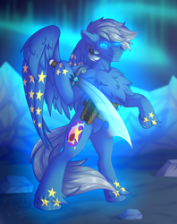 Size: 1809x2281 | Tagged: safe, artist:fkk, oc, oc only, oc:sky star, pegasus, pony, aurora borealis, bipedal, blurry background, chest fluff, commission, eyebrows, glowing, glowing eyes, hoof hold, male, mountain, night, outdoors, sky, solo, stallion, sword, unshorn fetlocks, weapon, wings