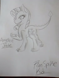 Size: 1944x2592 | Tagged: safe, artist:splashiebro, oc, oc:amethyst jade, dracony, hybrid, female, interspecies offspring, monochrome, offspring, parent:rarity, parent:spike, parents:sparity, pencil drawing, solo, traditional art