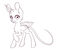 Size: 1831x1498 | Tagged: safe, artist:haine--chan, oc, oc only, alicorn, pony, alicorn oc, bald, base, eyelashes, female, horn, lineart, mare, monochrome, raised hoof, simple background, smiling, solo, transparent background, wings