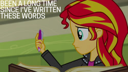 Size: 1280x720 | Tagged: safe, edit, edited screencap, editor:quoterific, screencap, sunset shimmer, equestria girls, g4, my little pony equestria girls: rainbow rocks, book, clothes, female, jacket, leather, leather jacket, lockers, solo