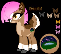 Size: 1228x1077 | Tagged: safe, artist:teonnakatztkgs, oc, oc only, butterfly, deer, deer pony, original species, pony, base used, black background, cloven hooves, reference sheet, simple background, solo