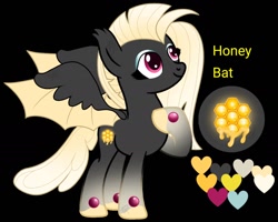 Size: 1394x1114 | Tagged: safe, artist:teonnakatztkgs, oc, oc only, alicorn, bat pony, pony, base used, bat pony oc, bat wings, black background, colored wings, female, mare, reference sheet, simple background, smiling, solo, two toned wings, wings