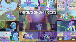 Size: 1280x721 | Tagged: safe, edit, edited screencap, editor:quoterific, screencap, amethyst skim, applejack, cool beans, log jam, starlight glimmer, sunny song, trixie, earth pony, pegasus, pony, unicorn, a horse shoe-in, boast busters, g4, no second prances, road to friendship, season 1, season 6, season 7, season 8, season 9, to change a changeling, to where and back again, uncommon bond, ^^, applejack's hat, belly, bipedal, brooch, cape, chalkboard, clothes, cowboy hat, cute, diatrixes, eyes closed, female, fireworks, flower, grin, hat, jewelry, magic, male, mare, school of friendship, smiling, smoke, stallion, telekinesis, trixie's brooch, trixie's cape, trixie's hat, trixie's wagon, wagon
