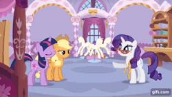 Size: 640x360 | Tagged: safe, screencap, applejack, rainbow dash, rarity, twilight sparkle, earth pony, pegasus, pony, unicorn, g4, season 1, suited for success, animated, applejack's hat, carousel boutique, cowboy hat, eyes closed, female, gif, gifs.com, glasses, hat, mannequin, mare, open mouth, open smile, rainbow crash, rarity's glasses, smiling, spread wings, unicorn twilight, wings