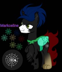 Size: 1007x1175 | Tagged: safe, artist:teonnakatztkgs, oc, oc only, changeling, hybrid, base used, black background, changeling oc, male, raised hoof, reference sheet, simple background, smiling, solo