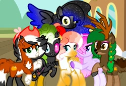 Size: 1024x699 | Tagged: safe, artist:teonnakatztkgs, oc, oc only, changeling, deer, fox, fox pony, hybrid, pegasus, pony, antlers, base used, braid, changeling oc, colored hooves, countershading, deer oc, ethereal mane, group, hair over one eye, hat, heterochromia, outdoors, pegasus oc, smiling, starry mane