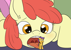 Size: 2121x1500 | Tagged: safe, artist:happy harvey, apple bloom, scootaloo, earth pony, pegasus, pony, g4, blushing, bow, ear fluff, esophagus, female, filly, foal, hair bow, imminent vore, looking down, macro, mawshot, micro, open mouth, phone drawing, predbloom, scootaprey, size difference, solo, spread wings, taste buds, tongue out, uvula, wings