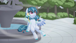 Size: 4267x2400 | Tagged: safe, artist:one4pony, derpibooru exclusive, oc, oc only, oc:雾清, bird, pegasus, 16:9, fog, fountain, park, solo, statue, wallpaper, water